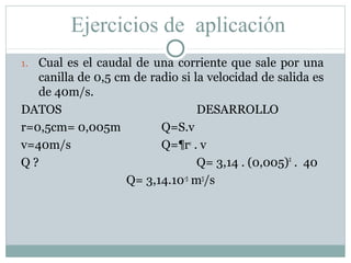 Ejercicios de aplicación
1. Cual es el caudal de una corriente que sale por una
canilla de 0,5 cm de radio si la velocidad de salida es
de 40m/s.
DATOS DESARROLLO
r=0,5cm= 0,005m Q=S.v
v=40m/s Q=¶r2
. v
Q ? Q= 3,14 . (0,005)2
. 40
Q= 3,14.10-3
m3
/s
 