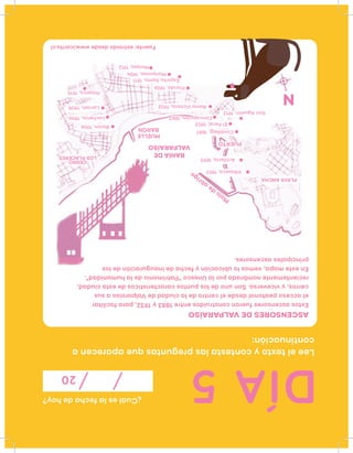 DÍA5
¿Cuáleslafechadehoy?
20
Leeeltextoycontestalaspreguntasqueaparecena
continuación:
Fuente:extraídodesdewww.icarito.cl
ASCENSORESDEVALPARAÍSO
Estosascensoresfueronconstruidosentre1883y1932,parafacilitar
elaccesopeatonaldesdeelcentrodelaciudaddeValparaísoasus
cerros,yviceversa.Sonunodelospuntoscaracterísticosdeestaciudad,
recientementenombradaporlaUnesco“Patrimoniodelahumanidad”.
Enestemapa,vemoslaubicaciónyfechadeinauguracióndelos
principalesascensores.
M
olo
de
abrigo
BAHÍADE
VALPARAÍSO
N
Villaseca,1907
Cordillera,1887
SanAgustín,1913
ElPeral,1903
Concepción,1883
ReinaVictoria,1902
Florida,1906
EspírituSanto,1911
Mariposas,1904
Monjas,1912
Barón,1906
Lecheros,1906
Larraín,1909
Polanco,1915
PLAYAANCHA
MUELLE
BARÓN
CERRO
PUERTO
Artillería,1893LOSPLACERES
 
