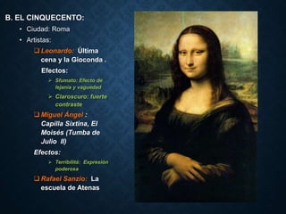 B. EL CINQUECENTO:
• Ciudad: Roma
• Artistas:
Leonardo: Última
cena y la Gioconda .
Efectos:
Sfumato: Efecto de
lejanía y vaguedad
Claroscuro: fuerte
contraste
Miguel Ángel :
Capilla Sixtina, El
Moisés (Tumba de
Julio II)
Efectos:
Terribilitá: Expresión
poderosa
Rafael Sanzio: La
escuela de Atenas