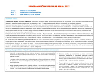 Grado : TERCERO DE SECUNDARIA
Área : FORMACIÓN CIUDADANA Y CÍVICA.
Prof. : JUAN MANUEL ATOCHE NUNJAR
DESCRIPCIÓN GENERAL
* La Institución Educativa N° 20 501 “El Nazareno” se encuentra ubicada en el A.H. “Victorino Elorz Goicochea” en la ciudad de Sullana, atiende a los niveles Primaria y
Secundaria zona vulnerable por inundación ya que se encuentra cerca a la quebrada denominada la selva y contaminada por botad eros de basura.
Nuestros estudiantes provienen de diferentes AA HH, en muchos casos con problemas sociales como;venta y consumo de drogas y alcohol,delincuencia,pandillaje
pernicioso,prostitución, familias disfuncionales deescasos recursoseconómicos y bajo nivel académico.Siendo los estudiantes los queseencuentran más vulnerables a los
riesgos que se presentan en la familia y en el entorno; lo cual serefleja en la poca práctica devalores,escasaconcienciaecológica,agresividad,desnutrición,problemas en el
aprendizaje,y limitada identidad;así como al manejo inadecuado de algunas habilidades sociales (escasacomunicación con sus padres,poco asertivos,intolerantes,etc.),
mal uso del tiempo y carecen de un proyecto de vida.
En el presente año en tercer Grado de seha fijado una Línea Basedel …….% y una meta del ......% de estudiantes que lograrán aprendizajes en el nivel satisfactorio (14 - 20),
a partir de la demanda cognitiva del VII Ciclo según el Marco Curricular,para su logro sehará uso de diversas estrategias deaprendizaje,especialmentelas relacionadas con
el desarrollo del pensamiento crítico, para afrontar desafíos diversos, en contextos reales o plausibles y desde su propia perspectiva intercultural.
* El área de Formación Ciudadana y Cívica tiene por finalidad desarrollar en los estudiantes las competencias convive respetándose a sí mismo y a los demás, “participa en
asuntos públicos para promover el bien común de esta manera, formar futuros ciudadanos conscientes de ser miembros de una comunidad insertada a un mundo
globalizado, que compartan un conjunto de valores y comportamientos, obligaciones y responsabilidades, participando activamente y conscientemente en todos los
asuntos de su comunidad, potenciando el desarrollo de competencias y capacidades, para la construcción de una comunidad democrática, en la que se reconozcan así
mismos y a los otros como sujetos de derechos e iguales en dignidad.
* En este grado, según establece el Mapa de Progreso para el ciclo VII, los estudiantes serán capaces de:
 Interactúa con personas en distintos entornos de manera solidaria, justa y equitativa
mostrando respeto a los Derechos Humanos y la Ley como condición de la libertad y la
dignidad humana.
 Promueve en diversos escenarios,el análisis, diálogo y reflexión sobre asuntos públicos
de relevancia en diversos niveles (desde la local hasta la global), y reconoce su carácter
multidimensional.
 Asume un papel protagónico para proponer organizar y ejecutar acciones que remuevan
y defiendan los Derechos Humanos, la justicia social y el reconocimiento de la diversidad
cultural, y que vigilen las políticas ambientales nacionales e internacionales.

 Comunica asertiva y creativamente sus ideas, sentimientos,
emociones, preferencias e inquietudes, mediantes diversas
deferentes formas de interacción y expresión oral, escrita y en
diversos lenguajes demostrando capacidad para resolver dilemas,
escuchas, llegar a acuerdos construir consensos.
 Pone en práctica un estilo de persona democrático en pleno
ejercicio de sus deberes y derechos, desarrollando actitudes de
tolerancia, empatía y respeto a las diferencias, rechazando todo
tipo de discriminación y aportando en la construcción de un país
unido, a partir de la diversidad.
 