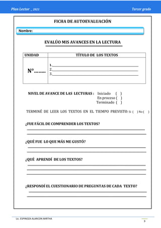 Lic. ESPINOZA ALARCON MIRTHA
9
Plan Lector _ 2021 Tercer grado
Nombre:
FICHA DE AUTOEVALUACIÓN
EVALÚO MIS AVANCES EN LA LECTURA
UNIDAD TÍTULO DE LOS TEXTOS
N°……..
1._ _ _ _ _ _ _ _ ___________________________
2. _ _ _ _ _ _ _ _ _________________________
3. _ _ _ _ _ _ _ _ ____________________________
NIVEL DE AVANCE DE LAS LECTURAS : Iniciado ( )
En proceso ( )
Terminado ( )
TERMINÉ DE LEER LOS TEXTOS EN EL TIEMPO PREVISTO: Si ( ) No ( )
¿FUE FÁCIL DE COMPRENDER LOS TEXTOS?
____________________________________________________________________________________
_____________________________________________________________________________________
¿QUÉ FUE LO QUE MÁS ME GUSTÓ?
____________________________________________________________________________________
_____________________________________________________________________________________
¿QUÉ APRENDÍ DE LOS TEXTOS?
____________________________________________________________________________________
_____________________________________________________________________________________
_____________________________________________________________________________________
¿RESPONDÍ EL CUESTIONARIO DE PREGUNTAS DE CADA TEXTO?
____________________________________________________________________________________
_____________________________________________________________________________________
 