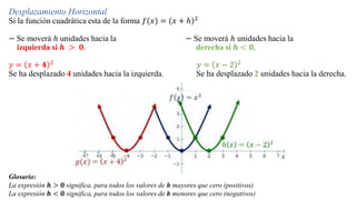 Desplazamiento Horizontal
Si la función cuadrática esta de la forma 𝑓 𝑥 = 𝑥 + ℎ 2
− Se moverá ℎ unidades hacia la − Se moverá ℎ unidades hacia la
izquierda si 𝒉 > 𝟎. derecha si 𝒉 < 𝟎.
𝑦 = 𝑥 + 𝟒 2
𝑦 = 𝑥 − 2 2
Se ha desplazado 4 unidades hacia la izquierda. Se ha desplazado 2 unidades hacia la derecha.
Glosario:
La expresión 𝒉 > 𝟎 significa, para todos los valores de h mayores que cero (positivos)
La expresión 𝒉 < 𝟎 significa, para todos los valores de h menores que cero (negativos)
 