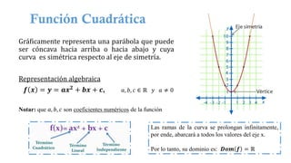 Función Cuadrática
Gráficamente representa una parábola que puede
ser cóncava hacia arriba o hacia abajo y cuya
curva es simétrica respecto al eje de simetría.
Representación algebraica
𝒇 𝒙 = 𝒚 = 𝒂𝒙𝟐
+ 𝒃𝒙 + 𝒄, 𝑎, 𝑏, 𝑐 ∈ ℝ 𝑦 𝑎 ≠ 0
Notar: que 𝑎, 𝑏, 𝑐 son coeficientes numéricos de la función
Las ramas de la curva se prolongan infinitamente,
por ende, abarcará a todos los valores del eje x.
Por lo tanto, su dominio es: 𝑫𝒐𝒎 𝒇 = ℝ
 