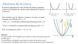 Abertura de la curva
Su abertura dependerá del valor absoluto del termino cuadrático.
A mayor valor absoluto de 𝑎 menor será la abertura de la función
y viceversa.
Para visualizar qué tan abierta o cerrada es la curva, se puede
comparar con la función 𝑓 𝑥 = 𝑥2.
• Si 0 < 𝑎 < 1 la función se dilatará (más abierta) que 𝑓 𝑥 = 𝑥2
• Si 𝑎 > 1 la función se contraerá (más cerrada) que 𝑓 𝑥 = 𝑥2
Nota: Es análogo para 𝑓 𝑥 = −𝑥2 y 𝑎 < 0
Glosario:
La expresión 𝟎 < 𝒂 < 𝟏 significa, para todos los valores de a mayores que 0 y
menores que 1.
La expresión 𝒂 > 𝟏 significa, para todos los valores de a mayores que 1.
La expresión 𝒂 < 𝟎 significa, para todos los valores de a menores que 0 (negativos)
 