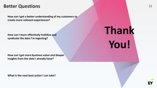 Better Questions
How can I get more business value and deeper
insights from the data I already have?
How can I get a better understanding of my customers to
create more relevant experiences?
How can I more effectively mobilize and
syndicate the data I’m ingesting?
What is the next best action I can take?
Thank
You!
33
 