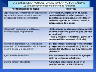 PREMISAS HACE 60 AÑOS EFECTOS
Especialización, concentración y expansión el
mejor camino: creamos estructuras de
monocultivos totalmente vulnerables
Deforestación, degradación de suelos,
pérdida de biodiversidad, (aumento y
persistencias de plagas, enfermedades y
malezas- sigatoka en banano, caracol en
arroz, gusano de la papa)
Intervención plaguicidas y fertilizantes
resolverán todos los problemas
- 500 especies de plagas resistentes a más
de 1000 productos químicos (los venenos
ya no sirven)
- Más y mejores fertilizantes químicos =
menos fertilidad suelos (trofobiosis)
Innovación, tecnología; “La tecnología lo
resuelve todo”: La universidad y la academia
crean la ciencia y la transfieren.
Se desecharon milenarios conocimientos
y experiencias campesinas (cientos de
variedades olvidadas que hoy resolverían
problemas)
Agua: Abundante e infinita Alto e insostenible consumo de agua por
cultivos y crianzas industriales.
Energía barata y abundante Agricultura Industrial se basa en un
petróleo escaso de 100 USD barril
LAS BASES DE LA AGRICULTURA ACTUAL YA NO SON VÁLIDAS
(Lo que pensamos hace 60 años ya no funciona)
 