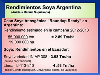 Caso Soya transgénica “Roundup Ready” en
Argentina:
Rendimiento estimado en la campaña 2012-2013
55´000 000 ton = 2.89 Tm/ha
19´000 000 ha
Soya: Rendimientos en el Ecuador:
Soya variedad INIAP 308 : 3.98 Tm/ha
(de uso convencional)
Línea: IJ-113-210 4 .53 Tm/ha
(Tesis: Glenda Rodríguez, Universidad estatal de Quevedo)
 
