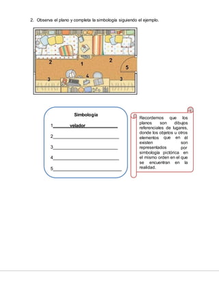 2. Observa el plano y completa la simbología siguiendo el ejemplo.
Simbología
1 velador
2
3 _
4
5
Recordemos que los
planos son dibujos
referenciales de lugares,
donde los objetos u otros
elementos
existen
que en
representados
él
son
por
simbología pictórica en
el mismo orden en el que
se encuentran en la
realidad.
 