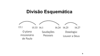 5
Divisão Esquemática
15.1 15.33
O plano
missionário
de Paulo
16.1 16.24
Saudações
Pessoais
16.25 16.27
Doxologia:
Louvor a Deus
 