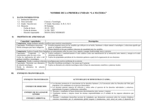 NOMBRE DE LA PRIMERA UNIDAD: “LA MATERIA”
I. DATOS INFORMATIVOS
1.1. Institución Educativa :
1.2. Área curricular : Ciencia y Tecnología
1.3. Grado / Sección (es) : 3° Grado, Secciones: A, B, C, D, E
1.4. Duración : 04 Semanas
- Fecha de Inicio : 20/ 03 / 2023
- Fecha de término : 14 /04 / 2023
- Docente responsable : DIANA DIAZ HERBOZO
II. PROPÓSITO DE APRENDIZAJE
Capacidad / capacidades Desempeños
Competencia: Indaga mediante métodos científicos para construir conocimientos.
Capacidades: Problematiza situaciones
Diseña estrategias para hacer indagación
 Formula preguntas acerca de las variables que influyen en un hecho, fenómeno u objeto natural o tecnológico y selecciona aquella que
puede ser indagada científicamente.
 Plantea hipótesis en las que establece relaciones de causalidad entre las variables.
Competencia: Explica el mundo físico basándose en conocimientos sobre los seres vivos, materia y energía, biodiversidad, tierra y universo.
Capacidades: Comprende y usa
conocimientos sobre los seres vivos.
Evalúa las implicancias del saber y del
quehacer científico y tecnológico.
 Explica cualitativa y cuantitativamente el salto cuántico como una manifestación de la interacción entre materia y energía en la nube
electrónica del átomo.
 Explica las propiedades periódicas de los elementos químicos a partir de la organización de sus electrones.
Competencia: Diseña y construye soluciones tecnológicas para resolver problemas de su entorno
Capacidades: Determina una alternativa
de solución tecnológica.
Diseña la alternativa de solución
tecnológica.
 Describe el problema tecnológico y las causas que lo generan.
 Explica su alternativa de solución tecnológica sobre la base de conocimientos científicos y prácticas locales.
III. ENFOQUES TRANSVERSALES.
ENFOQUES TRANSVERSALES ACTITUDES QUE SE DEMUESTRAN CUANDO…
ENFOQUE DE DERECHOS
 Los docentes promueven el conocimiento de los derechos humanos y la Convención sobre los Derechos del Niño para
empoderar a los estudiantes en su ejercicio democrático.
 Los docentes generan espacios de reflexión y crítica sobre el ejercicio de los derechos individuales y colectivos,
especialmente en grupos y poblaciones vulnerables.
ENFOQUE DE IGUALDAD DE
GÉNERO
 Docentes y estudiantes no hacen distinciones discriminatorias entre varones y mujeres.
 Estudiantes varones y mujeres tienen las mismas responsabilidades en el cuidado de los espacios educativos que
utilizan.
ENFOQUE AMBIENTAL
 Docentes y estudiantes desarrollan acciones de ciudadanía, que demuestren conciencia sobre los eventos climáticos
extremos ocasionados por el calentamiento global (sequías e inundaciones, entre otros) así como el desarrollo de
 