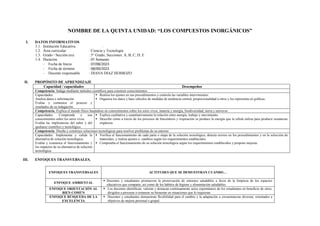 NOMBRE DE LA QUINTA UNIDAD: “LOS COMPUESTOS INORGÁNICOS”
I. DATOS INFORMATIVOS
1.1. Institución Educativa :
1.2. Área curricular : Ciencia y Tecnología
1.3. Grado / Sección (es) : 3° Grado, Secciones: A, B, C, D, E
1.4. Duración : 05 Semanas
- Fecha de Inicio : 07/08/2023
- Fecha de término : 08/09/2023
- Docente responsable : DIANA DIAZ HERBOZO
II. PROPÓSITO DE APRENDIZAJE
Capacidad / capacidades Desempeños
Competencia: Indaga mediante métodos científicos para construir conocimientos.
Capacidades:
Analiza datos e información.
Evalúa y comunica el proceso y
resultados de su indagación.
 Realiza los ajustes en sus procedimientos y controla las variables intervinientes.
 Organiza los datos y hace cálculos de medidas de tendencia central, proporcionalidad u otros y los representa en gráficas.
Competencia: Explica el mundo físico basándose en conocimientos sobre los seres vivos, materia y energía, biodiversidad, tierra y universo.
Capacidades: Comprende y usa
conocimientos sobre los seres vivos.
Evalúa las implicancias del saber y del
quehacer científico y tecnológico.
 Explica cualitativa y cuantitativamente la relación entre energía, trabajo y movimiento.
 Describe cómo a través de los procesos de fotosíntesis y respiración se produce la energía que la célula utiliza para producir sustancias
orgánicas.
Competencia: Diseña y construye soluciones tecnológicas para resolver problemas de su entorno
Capacidades: Implementa y valida la
alternativa de solución tecnológica.
Evalúa y comunica el funcionamiento y
los impactos de su alternativa de solución
tecnológica.
 Verifica el funcionamiento de cada parte o etapa de la solución tecnológica, detecta errores en los procedimientos y en la selección de
materiales, y realiza ajustes o. cambios según los requerimientos establecidos.
 Comprueba el funcionamiento de su solución tecnológica según los requerimientos establecidos y propone mejoras.
III. ENFOQUES TRANSVERSALES.
ENFOQUES TRANSVERSALES ACTITUDES QUE SE DEMUESTRAN CUANDO…
ENFOQUE AMBIENTAL
 Docentes y estudiantes promueven la preservación de entornos saludables a favor de la limpieza de los espacios
educativos que comparte, así como de los hábitos de higiene y alimentación saludables.
ENFOQUE ORIENTACIÓN AL
BIEN COMÚN
 Los docentes identifican, valoran y destacan continuamente actos espontáneos de los estudiantes en beneficio de otros,
dirigidos a procurar o restaurar su bienestar en situaciones que lo requieran.
ENFOQUE BÚSQUEDA DE LA
EXCELENCIA
 Docentes y estudiantes demuestran flexibilidad para el cambio y la adaptación a circunstancias diversas, orientados a
objetivos de mejora personal o grupal.
 