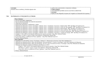 Actividad:
Sustenta como se nombran y formulan algunas sales.
y aplica estos conocimientos a situaciones cotidianas.
Campo temático:
LAS UNIDADES QUÍMICAS DE ALGUNOS ALIMENTOS
Actividad:
Explica en una infografía los aportes de Avogadro en el desarrollo de la química.
VIII. MATERIALES A UTILIZAR EN LA UNIDAD:
Para el alumno:
 Kit de electricidad y magnetismo.
 Kit de material tecnológico de control de mecanismos
 Materiales de laboratorio
 Direcciones electrónicas: simulaciones y videos.
 Ministerio de Educación. Ciencia, Tecnología y Ambiente. Serie 1: Estudiantes. Fascículo 2: Biodiversidad. 2007. San Borja. El Comercio S.A.
 Ministerio de Educación. Ciencia, Tecnología y Ambiente. Serie 1: Estudiantes. Fascículo 4: Estilos de vida saludable. 2007. San Borja. El Comercio S.A.
 Ministerio de Educación. Ciencia, Tecnología y Ambiente. Serie 1: Estudiantes. Fascículo 6: Biotecnología. 2007. San Borja. El Comercio S.A.
 Ministerio de Educación. Ciencia, Tecnología y Ambiente. Serie 1: Estudiantes. Fascículo 9: Física moderna. 2007. San Borja. El Comercio S.A.
 Ministerio de Educación. Ciencia, Tecnología y Ambiente. Serie 1: Estudiantes. Fascículo 10: Factores ambientales. 2007. San Borja. El Comercio S.A.
 Ministerio de Educación. Ciencia, Tecnología y Ambiente. Serie 1: Estudiantes. Fascículo 11: Fuentes de energía. 2007. San Borja. El Comercio S.A.
 Gispert, C. (Ed.). (2013). Enciclopedia didáctica de las ciencias naturales. Lima, Perú: Editorial Océano.
 Hart-Davis, A. (2013). Ciencia, la guía visual definitiva. Hong Kong. Editorial DK.
 Lexus (Ed.) (2013). La Biblia de la Física y Química. Lima, Perú: Editorial Lexus S.A.
 Nexus. Editorial Pearson.
Para el docente:
 Santillana S.A. (Ed).(2016). Ciencia, Tecnología y Ambiente 3. Manual para el docente. Lima, Perú: Santillana S.A.
 Ministerio de Educación.(2013). Rutas del aprendizaje. Fascículo general 4. Ciencia y Tecnología. Lima, Perú: Ministerio de Educación.
 Ministerio de Educación.(2015). Rutas del aprendizaje. VII ciclo. Área Curricular de Ciencia, Tecnología. Lima, Perú: Ministerio de Educación.
 Ministerio de Educación. Módulo de biblioteca distribuido en el 2015:
Gispert, C. (Ed.). (2013). Enciclopedia didáctica de las ciencias naturales. Lima, Perú: Editorial Océano.
Hart-Davis, A. (2013). Ciencia, la guía visual definitiva. Hong Kong. Editorial DK.
Lexus (Ed.). (2013). La Biblia de la Física y Química. Lima, Perú: Editorial Lexus S.A.
 Nexus. Editorial Pearson
………………………., …. de marzo del 20…… _____________________________________
DOCENTE
 