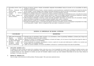  Personaliza entornos virtua-
les.
 Gestiona información del
entorno virtual.
 Interactúa en entornos
virtuales.
 Crea objetos virtuales en
diversos formatos.
 Navega en diversos entornos virtuales recomendados adaptando funcionalidades básicas de acuerdo con sus necesidades de manera
pertinente y responsable.
 Clasifica información de diversas fuentes y entornos teniendo en cuenta la pertinencia y exactitud del contenido reconociendo los derechos
de autor. Ejemplo: Accede a múltiples libros digitales obteniendo información de cada uno de ellos en un documento y citando la fuente.
 Registra datos mediante hoja de cálculo que le permite ordenar y secuenciar informacion relevante.
 Participar en actividades interactivas y comunicativas de manera pertinente cuando expresa su identidad personal y sociocultu ral en entorno
virtuales determinados, como redes virtuales, portales educativos y grupo en red. Ejemplo: Participa en un proyecto colaborat ivo virtual de
educación ambiental y tecnología y recopila evidencias (fotos, videos y propuestas) utilizando fotos y grupos.
 Utiliza herramientas multimedia e interactivas cuando desarrolla capacidades relacionadas con diversas áreas del conocimiento . Ejemplo:
Resuelve problemas de cantidad con un software interactivo mediante videos, audios y evaluación.
 Elabora proyectos escolares de su comunidad y localidad utilizando documentos y presentaciones digitales.
 Desarrolla procedimientos lógicos y secuenciales para plantear soluciones a enunciados concretos con lenguajes de programació n de código
escrito bloque gráfico. Ejemplo. Elabora un diagrama de flujo para explicar la preparación de un pastel.
GESTIONA SU APRENDIZAJE DE MANERA AUTÓNOMA
CAPACIDADES DESEMPEÑOS
 Define metas de aprendizaje.
 Organiza acciones
estratégicas para alcanzar
sus metas de aprendizaje.
 Monitorea y ajusta su
desempeño durante el
proceso de aprendizaje.
 Determina metas de aprendizaje viables asociadas a sus conocimientos, estilos de aprendizaje, habilidades y actitudes para el logro de la
tarea, formulándose preguntas de manera reflexiva.
 Organiza un conjunto de estrategias y procedimientos en función del tiempo y de los recursos de que dispone para lograr las metas de
aprendizaje de acuerdo con sus posibilidades,
 Revisa la aplicación de estrategias, procedimientos, recursos y aportes de sus pares para realizar ajustes o cambios en sus acciones que
permitan llegar a los resultados esperados.
 Explica las acciones realizadas y los recursos movilizados en función de su pertinencia al logro de las metas de aprendizaje
IV. SITUACIÓN SIGNIFICATIVA
La realización de tareas escolares por parte de los estudiantes incluye, entre otras cosas, el uso de materiales de escritorio. Estos le facilitan al estudiante acciones como
escribir, imprimir textos, hacer trazos, cortar, hacer perforaciones, unir papeles, tapar errores en el texto, borrar trazos de un papel, pegar papeles, entre otros. Los usos que
se pueden generar con estos materiales de escritorio, por parte del estudiante, implican acciones que están totalmente relacionadas con las leyes físicas relativas al
movimiento y a la fuerza, entre otras.
V. PRODUCTO IMPORTANTE
Línea de tiempo sobre la historia de la tabla periódica. Prototipo ejemplo: Filtro para retener partículas del aire.
 