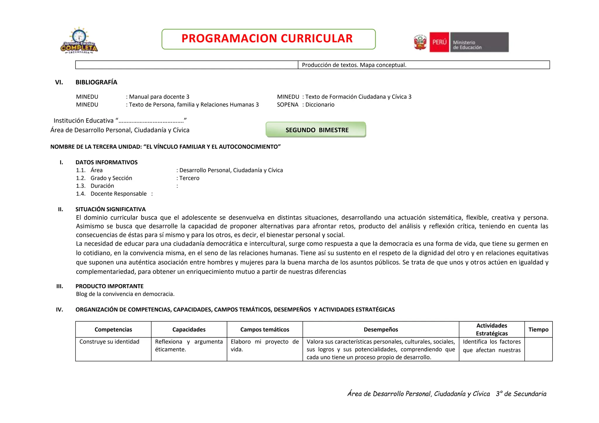 Área de Desarrollo Personal, Ciudadanía y Cívica 3° de Secundaria
PROGRAMACION CURRICULAR
Producción de textos. Mapa conceptual.
VI. BIBLIOGRAFÍA
MINEDU : Manual para docente 3 MINEDU : Texto de Formación Ciudadana y Cívica 3
MINEDU : Texto de Persona, familia y Relaciones Humanas 3 SOPENA : Diccionario
Institución Educativa “………………………………….”
Área de Desarrollo Personal, Ciudadanía y Cívica SEGUNDO BIMESTRE
NOMBRE DE LA TERCERA UNIDAD: “EL VÍNCULO FAMILIAR Y EL AUTOCONOCIMIENTO”
I. DATOS INFORMATIVOS
1.1. Área : Desarrollo Personal, Ciudadanía y Cívica
1.2. Grado y Sección : Tercero
1.3. Duración :
1.4. Docente Responsable :
II. SITUACIÓN SIGNIFICATIVA
El dominio curricular busca que el adolescente se desenvuelva en distintas situaciones, desarrollando una actuación sistemática, flexible, creativa y persona.
Asimismo se busca que desarrolle la capacidad de proponer alternativas para afrontar retos, producto del análisis y reflexión crítica, teniendo en cuenta las
consecuencias de éstas para sí mismo y para los otros, es decir, el bienestar personal y social.
La necesidad de educar para una ciudadanía democrática e intercultural, surge como respuesta a que la democracia es una forma de vida, que tiene su germen en
lo cotidiano, en la convivencia misma, en el seno de las relaciones humanas. Tiene así su sustento en el respeto de la dignidad del otro y en relaciones equitativas
que suponen una auténtica asociación entre hombres y mujeres para la buena marcha de los asuntos públicos. Se trata de que unos y otros actúen en igualdad y
complementariedad, para obtener un enriquecimiento mutuo a partir de nuestras diferencias
III. PRODUCTO IMPORTANTE
Blog de la convivencia en democracia.
IV. ORGANIZACIÓN DE COMPETENCIAS, CAPACIDADES, CAMPOS TEMÁTICOS, DESEMPEÑOS Y ACTIVIDADES ESTRATÉGICAS
Competencias Capacidades Campos temáticos Desempeños
Actividades
Estratégicas
Tiempo
Construye su identidad Reflexiona y argumenta
éticamente.
Elaboro mi proyecto de
vida.
Valora sus características personales, culturales, sociales,
sus logros y sus potencialidades, comprendiendo que
cada uno tiene un proceso propio de desarrollo.
Identifica los factores
que afectan nuestras
 
