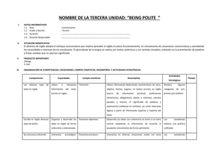 NOMBRE DE LA TERCERA UNIDAD: “BEING POLITE ”
I. DATOS INFORMATIVOS
1.1. Área : Comunicación
1.2. Grado y Sección : Tercero
1.3. Duración : ………………………………………………………………………………………….
1.4. Docente Responsable : ………………………………………………………………………………………….
II. SITUACIÓN SIGNIFICATIVA
El dominio de Inglés adopta el enfoque comunicativo que implica aprender el inglés en pleno funcionamiento, en simulaciones de situaciones comunicativas y atendiendo
las necesidades e intereses de los estudiantes. El aprendizaje de la lengua se realiza con textos auténticos y con sentido completo, evitando así la presentación de palabras
y frases aisladas que no aportan significado
III. PRODUCTO IMPORTANTE
Diálogo
E-mail
IV. ORGANIZACIÓN DE COMPETENCIAS, CAPACIDADES, CAMPOS TEMÁTICOS, DESEMPEÑOS Y ACTIVIDADES ESTRATÉGICAS
Competencias Capacidades Campos temáticos Desempeños
Actividades
Estratégicas
Tiempo
Lee diversos tipos de
texto en inglés
Infiere e interpreta
información del texto
escrito en ingles.
Televisión Infiere información deduciendo características de seres,
objetos, hechos, lugares, en textos escritos en inglés
acerca de información personal, preferencias
alimenticias, obligaciones, planes e intereses, eventos
pasados y futuros, el significado de palabras y
expresiones cotidianas en contexto, asi como relaciones
lógicas a partir de información explícita e implícita del
texto.
Nombra algunas
categorías de pro-
gramas que prefiere
Escribe en inglés diversos
tipos de textos
Organiza y desarrolla las
ideas en inglés de forma
coherente y cohesionada.
Possesive adjectives Desarrolla sus ideas con coherencia en torno a un tema
central ampliando la información de acuerdo al
propósito comunicativo de forma pertinente.
Los estudiantes
realizan una práctica
calificada.
Se comunica oralmente Interactúa estratégica- Possesive pronouns. Interactúa en diversas situaciones orales con otras Los estudiantes
 