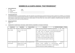 NOMBRE DE LA CUARTA UNIDAD: “PAST PROGRESSIVE”
I. DATOS INFORMATIVOS
1.1. Área : Inglés
1.2. Grado y Sección :Tercero
1.3. Duración : ………………………………………………………………………………………….
1.4. Docente Responsable : ………………………………………………………………………………………….
II. SITUACION SIGNIFICATIVA
La necesidad de educar en rutas del aprendizaje, surge como respuesta a que la democracia es una forma de vida, que tiene su germen en lo cotidiano, en la convivencia
misma, en el seno de las relaciones humanas. Tiene así su sustento en el respeto de la dignidad del otro y en relaciones equitativas que suponen una auténtica asociación
entre hombres y mujeres para la buena marcha de los asuntos públicos. Se trata de que unos y otros actúen en igualdad y complementariedad, para obtener un
enriquecimiento mutuo a partir de nuestras diferencias.
III. PRODUCTO IMPORTANTE
Dramatización
E-mail
IV. ORGANIZACIÓN DE COMPETENCIAS, CAPACIDADES, CAMPOS TEMÁTICOS, DESEMPEÑOS Y ACTIVIDADES ESTRATÉGICAS
Competencias Capacidades Campos temáticos Desempeños Actividades Estratégicas Tiempo
Lee diversos tipos de
texto en inglés.
Infiere e interpreta infor-
mación del texto escrito
en inglés.
Being polite. Infiere información deduciendo características de
seres, objetos, hechos, lugares, en textos escritos
en inglés acerca de información personal,
instrucciones, hábitos alimenticios, obligaciones,
planes e intereses, eventos pasados y futuros, el
significado de palabras y expresiones cotidianas
en contexto, asi como relaciones lógicas y jerárqui-
cas a partir de información explícita e implícita del
texto
Escucha y lee con
pronunciación adecuada la
lectura Being Polite.
Escribe en inglés diversos
tipos de textos.
Utiliza convenciones del
lenguaje escrito en inglés
de forma pertinente.
Past progressive tense. Utiliza convenciones del lenguaje escrito tal como
diversos recursos ortográficos así como
construcciones gramaticales determinadas en su
mayoría estructuras de mediana complejidad con
Forma oraciones
afirmativas, negativas e
interrogativas.
 