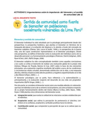 ACTIVIDAD 2: Argumentamos sobre la importancia del bienestar y el sentido
de comunidad (día 2)
LEE EL SIGUEINTE TEXTO
 