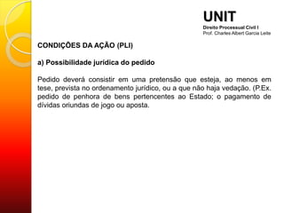 CONDIÇÕES DA AÇÃO (PLI)
a) Possibilidade jurídica do pedido
Pedido deverá consistir em uma pretensão que esteja, ao menos em
tese, prevista no ordenamento jurídico, ou a que não haja vedação. (P.Ex.
pedido de penhora de bens pertencentes ao Estado; o pagamento de
dívidas oriundas de jogo ou aposta.
UNIT
Direito Processual Civil I
Prof. Charles Albert Garcia Leite
 