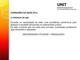CONDIÇÕES DA AÇÃO (PLI)
c) Interesse de agir
Consiste na necessidade de obter uma providência jurisdicional para
alcançar o resultado útil previsto no ordenamento jurídico.
Ou seja, é preciso que, em cada caso concreto, a prestação jurisdicional
seja necessária e adequada.
(NECESSIDADE-UTILIDADE + ADEQUAÇÃO)
UNIT
Direito Processual Civil I
Prof. Charles Albert Garcia Leite
 