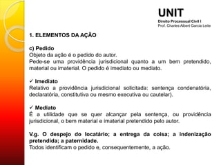 1. ELEMENTOS DA AÇÃO
c) Pedido
Objeto da ação é o pedido do autor.
Pede-se uma providência jurisdicional quanto a um bem pretendido,
material ou imaterial. O pedido é imediato ou mediato.
 Imediato
Relativo a providência jurisdicional solicitada: sentença condenatória,
declaratória, constitutiva ou mesmo executiva ou cautelar).
 Mediato
É a utilidade que se quer alcançar pela sentença, ou providência
jurisdicional, o bem material e imaterial pretendido pelo autor.
V.g. O despejo do locatário; a entrega da coisa; a indenização
pretendida; a paternidade.
Todos identificam o pedido e, consequentemente, a ação.
UNIT
Direito Processual Civil I
Prof. Charles Albert Garcia Leite
 