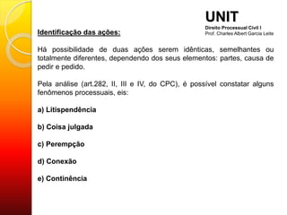 Identificação das ações:
Há possibilidade de duas ações serem idênticas, semelhantes ou
totalmente diferentes, dependendo dos seus elementos: partes, causa de
pedir e pedido.
Pela análise (art.282, II, III e IV, do CPC), é possível constatar alguns
fenômenos processuais, eis:
a) Litispendência
b) Coisa julgada
c) Perempção
d) Conexão
e) Continência
UNIT
Direito Processual Civil I
Prof. Charles Albert Garcia Leite
 