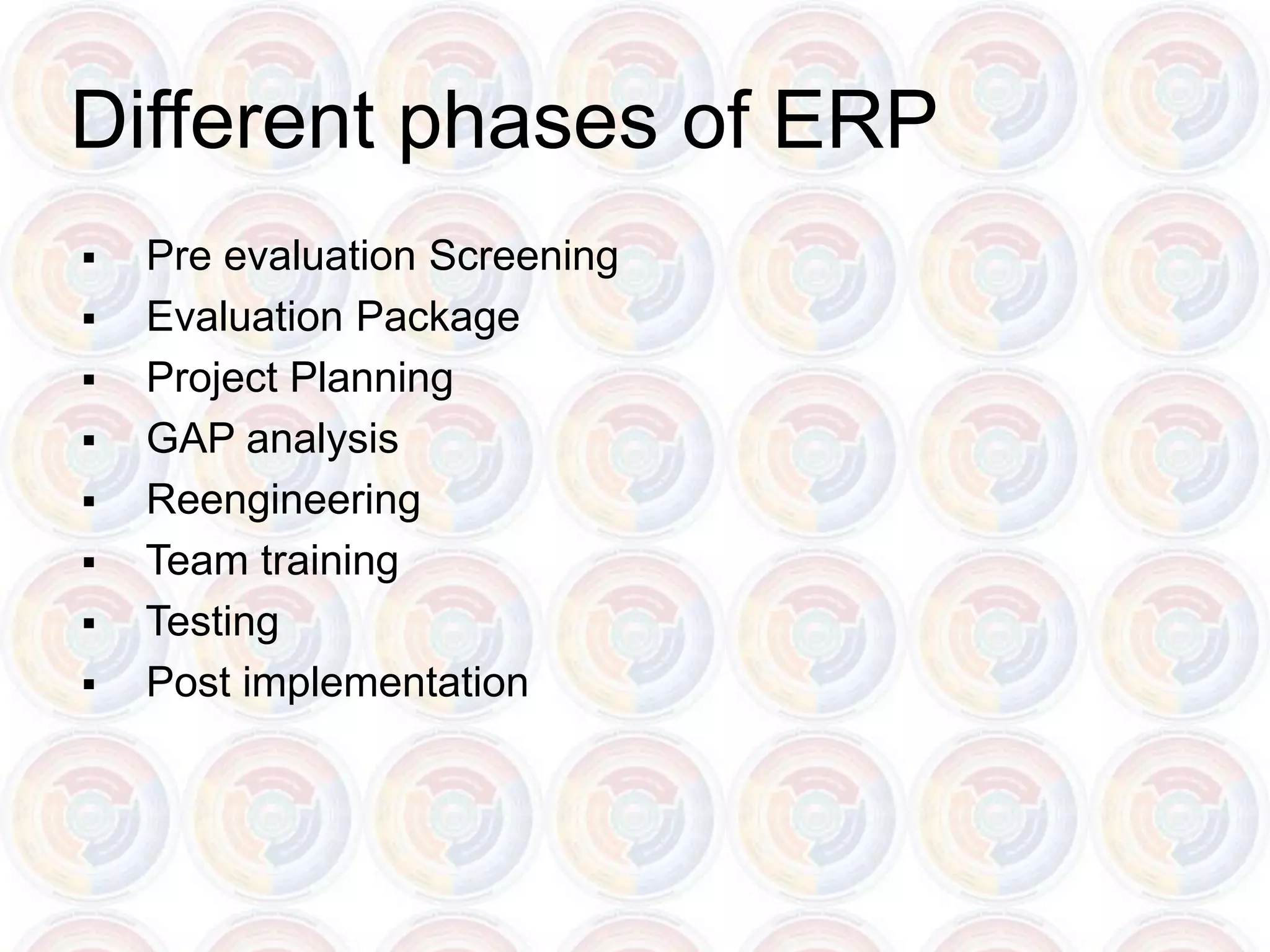Different phases of ERP
   Pre evaluation Screening
   Evaluation Package
   Project Planning
   GAP analysis
   Reengineering
   Team training
   Testing
   Post implementation
 