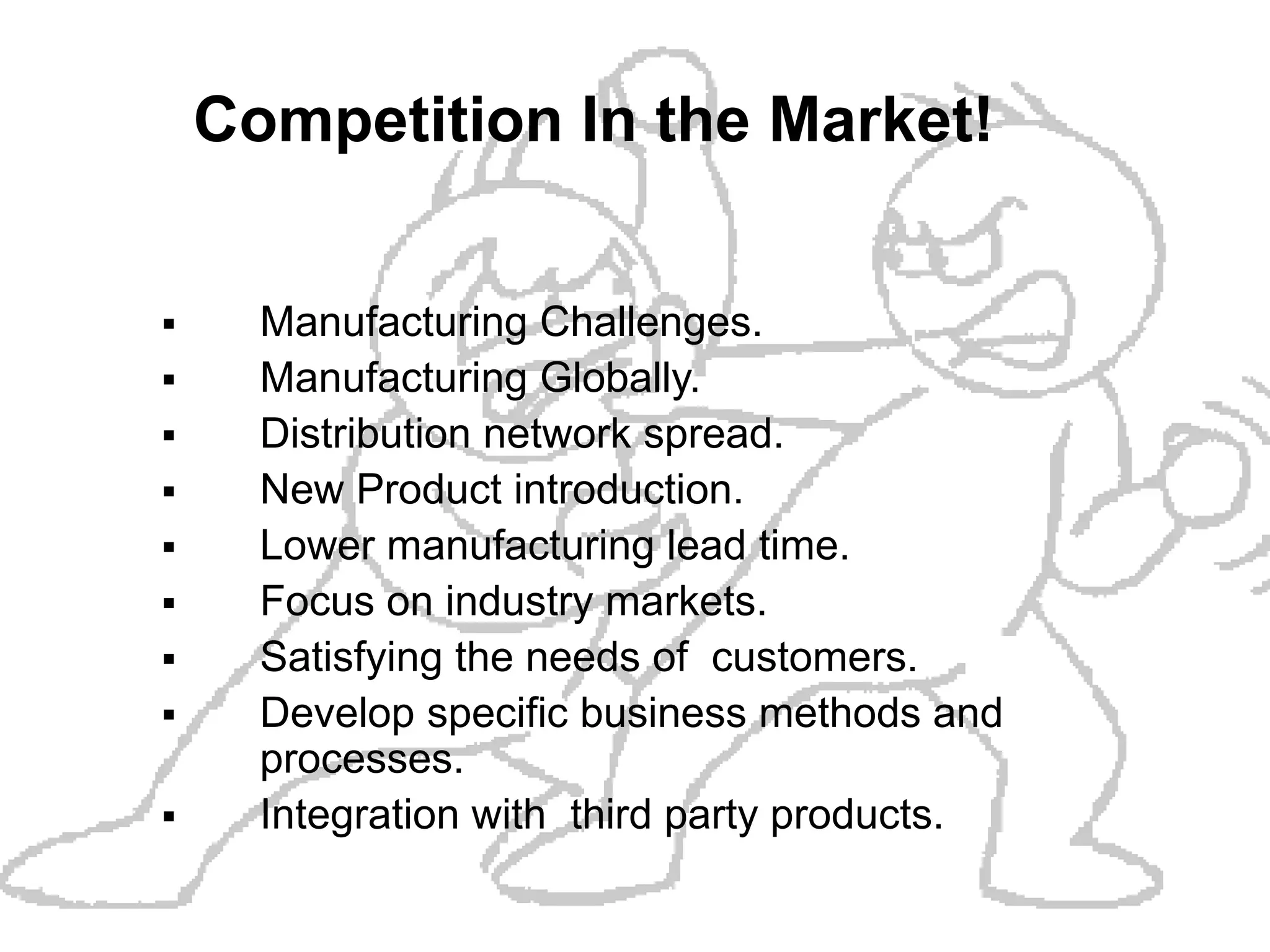 Competition In the Market!


     Manufacturing Challenges.
     Manufacturing Globally.
     Distribution network spread.
     New Product introduction.
     Lower manufacturing lead time.
     Focus on industry markets.
     Satisfying the needs of customers.
     Develop specific business methods and
      processes.
     Integration with third party products.
 