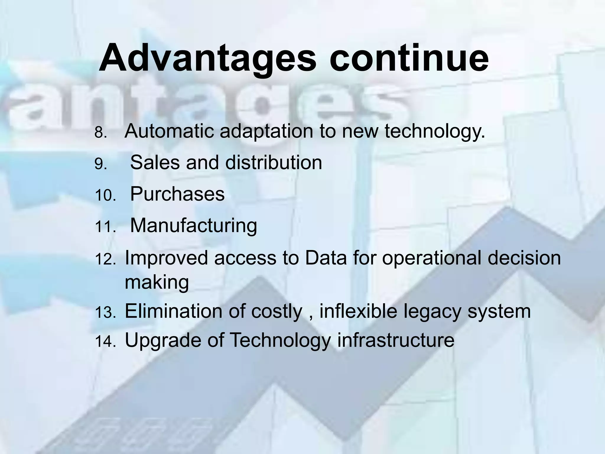 Advantages continue
8.    Automatic adaptation to new technology.
9.    Sales and distribution
10.   Purchases
11.   Manufacturing
12.   Improved access to Data for operational decision
      making
13.   Elimination of costly , inflexible legacy system
14.   Upgrade of Technology infrastructure
 