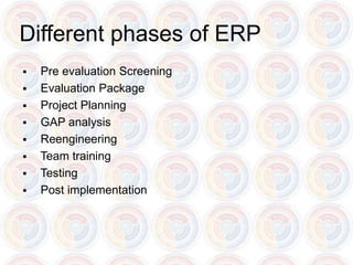 Different phases of ERP
   Pre evaluation Screening
   Evaluation Package
   Project Planning
   GAP analysis
   Reengineering
   Team training
   Testing
   Post implementation
 