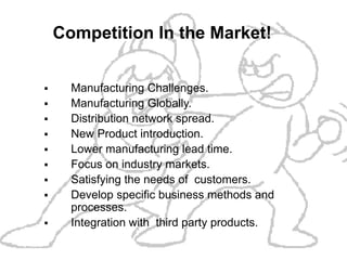 Competition In the Market!


     Manufacturing Challenges.
     Manufacturing Globally.
     Distribution network spread.
     New Product introduction.
     Lower manufacturing lead time.
     Focus on industry markets.
     Satisfying the needs of customers.
     Develop specific business methods and
      processes.
     Integration with third party products.
 