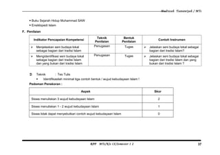 Madrasah Tsanawiyah / MTs
 Buku Sejarah Hidup Muhammad SAW
 Ensiklopedi Islam
F. Penilaian
Indikator Pencapaian Kompetensi
Teknik
Penilaian
Bentuk
Penilaian
Contoh Instrumen
 Menjelaskan seni budaya lokal
sebagai bagian dari tradisi Islam
Penugasan Tugas  Jelaskan seni budaya lokal sebagai
bagian dari tradisi Islam?
 Mengidentifikasi seni budaya lokal
sebagai bagian dari tradisi Islam
dan yang bukan dari tradisi Islam
Penugasan Tugas  Jelaskan seni budaya lokal sebagai
bagian dari tradisi Islam dan yang
bukan dari tradisi Islam ?
 Teknik : Tes Tulis
 Identifikasilah minimal tiga contoh bentuk / wujud kebudayaan Islam !
Pedoman Penskoran :
Aspek Skor
Siswa menuliskan 3 wujud kebudayaan Islam 2
Siswa menuliskan 1 - 2 wujud kebudayaan Islam 1
Siswa tidak dapat menyebutkan contoh wujud kebudayaan Islam 0
RPP MTs/Kls IX/Semester 1 2 37
 