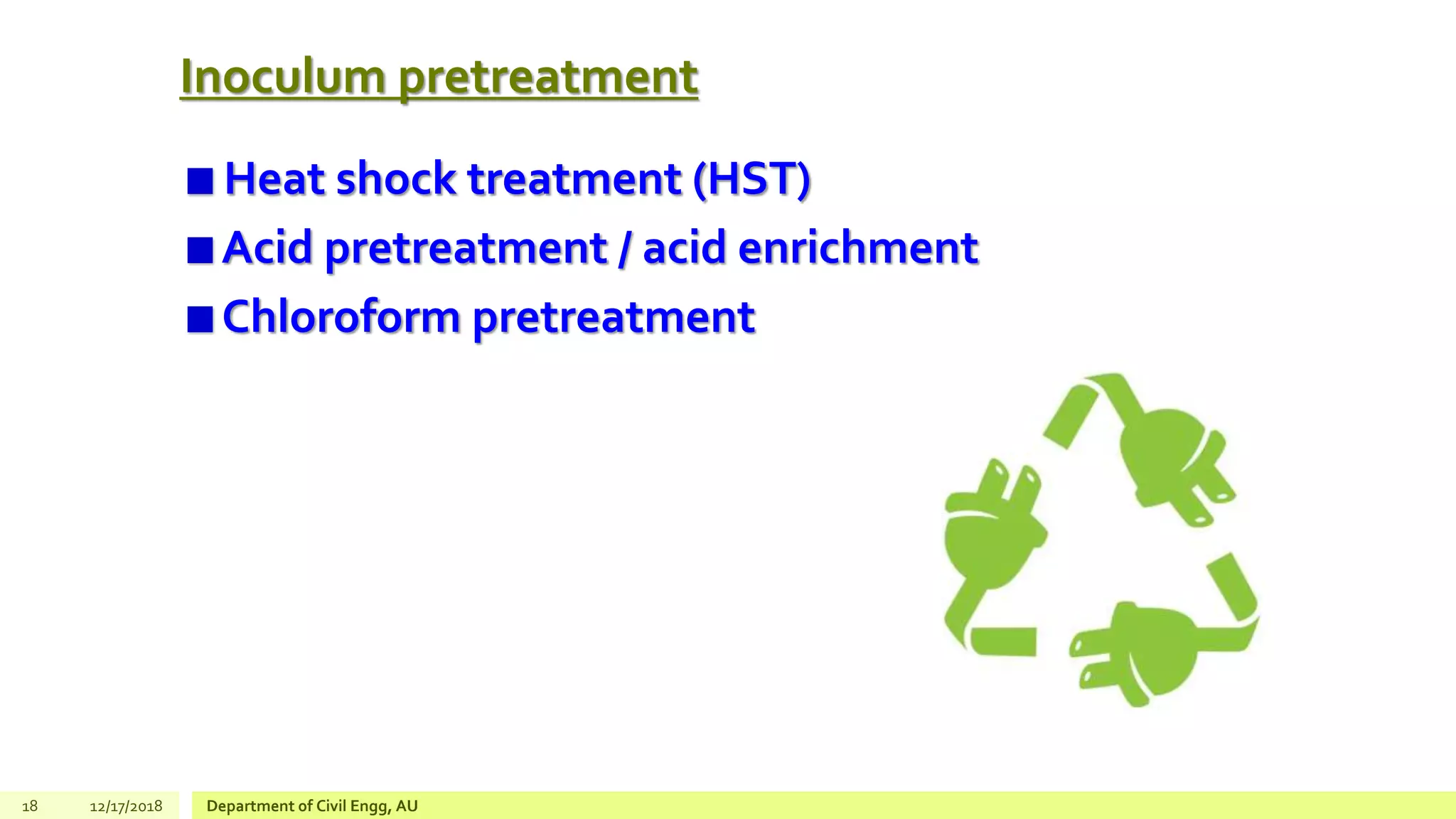 Inoculum pretreatment
Heat shock treatment (HST)
Acid pretreatment / acid enrichment
Chloroform pretreatment
18 12/17/2018 Department of Civil Engg, AU
 