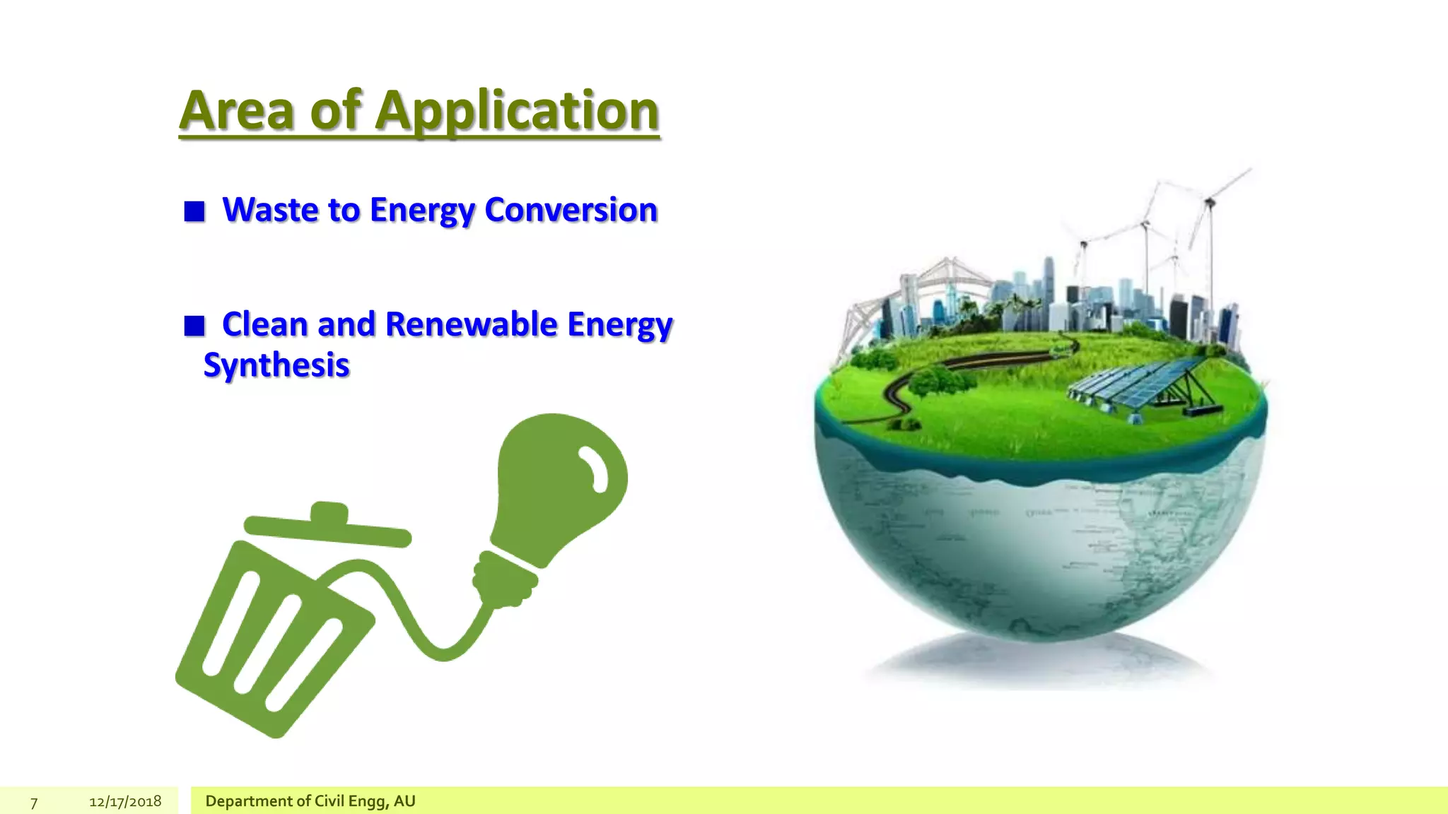 Area of Application
Waste to Energy Conversion
Clean and Renewable Energy
Synthesis
7 12/17/2018 Department of Civil Engg, AU
 