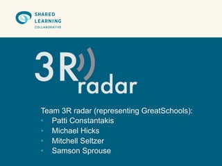 Team 3R radar (representing GreatSchools):
• Patti Constantakis
• Michael Hicks
• Mitchell Seltzer
• Samson Sprouse
 