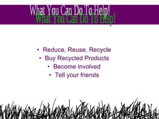 Reduce, Reuse, Recycle  Buy Recycled Products  Become involved  Tell your friends  What You Can Do To Help!  