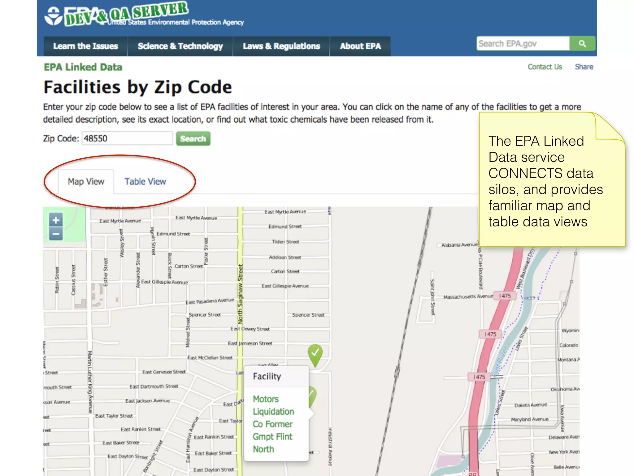 The EPA Linked
Data service
CONNECTS data
silos, and provides
familiar map and
table data views
 