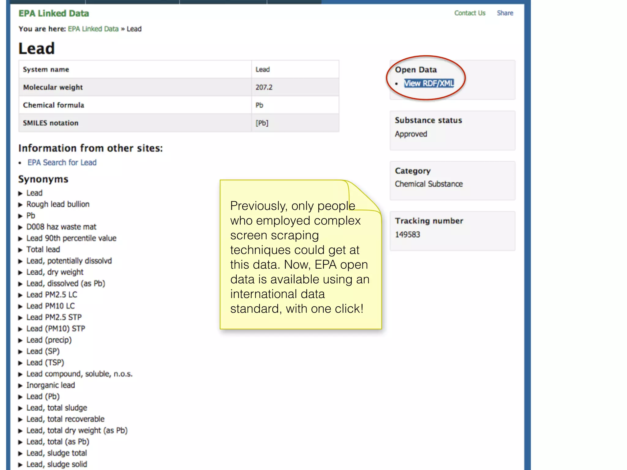Previously, only people
who employed complex
screen scraping
techniques could get at
this data. Now, EPA open
data is available using an
international data
standard, with one click!
 