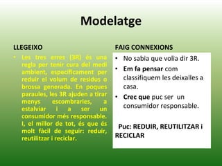 Modelatge
LLEGEIXO
• Les tres erres (3R) és una
regla per tenir cura del medi
ambient, específicament per
reduir el volum de residus o
brossa generada. En poques
paraules, les 3R ajuden a tirar
menys escombraries, a
estalviar i a ser un
consumidor més responsable.
I, el millor de tot, és que és
molt fàcil de seguir: reduir,
reutilitzar i reciclar.
FAIG CONNEXIONS
• No sabia que volia dir 3R.
• Em fa pensar com
classifiquem les deixalles a
casa.
• Crec que puc ser un
consumidor responsable.
Puc: REDUIR, REUTILITZAR i
RECICLAR
 