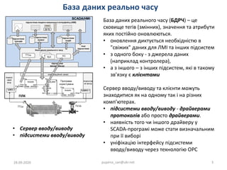 База даних реально часу
28.09.2020 pupena_san@ukr.net 3
База даних реального часу (БДРЧ) – це
сховище тегів (змінних), значення та атрибути
яких постійно оновлюються.
• оновлення диктується необхідністю в
"свіжих" даних для ЛМІ та інших підсистем
• з одного боку - з джерела даних
(наприклад контролера),
• а з іншого – з інших підсистем, які в такому
зв’язку є клієнтами
Сервер вводу/виводу та клієнти можуть
знаходитися як на одному так і на різних
комп’ютерах.
• підсистеми вводу/виводу - драйверами
протоколів або просто драйверами.
• наявність того чи іншого драйверу у
SCADA-програмі може стати визначальним
при її виборі
• уніфікацію інтерфейсу підсистеми
вводу/виводу через технологію OPC
• Сервер вводу/виводу
• підсистеми вводу/виводу
 