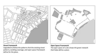Street Framework
Upgraded to follow the patterns that the existing street
patterns, building coverage, and open space framework
define for the place.
Open Space Framework
The open space of a site shows the green network
that helps define a place.
 