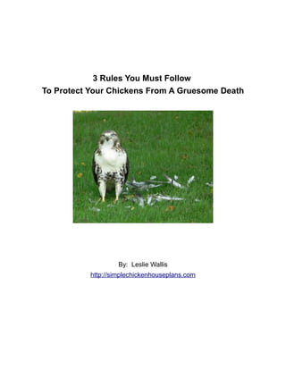 3 Rules You Must Follow
To Protect Your Chickens From A Gruesome Death




                    By: Leslie Wallis
           http://simplechickenhouseplans.com
 