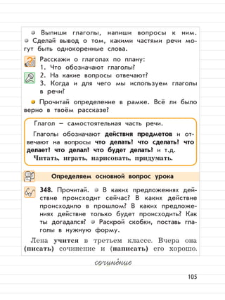 105
Выпиши глаголы, напиши вопросы к ним.
Сделай вывод о том, какими частями речи мо-
гут быть однокоренные слова.
Расскажи о глаголах по плану:
1. Что обозначают глаголы?
2. На какие вопросы отвечают?
3. Когда и для чего мы используем глаголы
в речи?
Прочитай определение в рамке. Всё ли было
верно в твоём рассказе?
348. Прочитай. В каких предложениях дей-
ствие происходит сейчас? В каких действие
происходило в прошлом? В каких предложе-
ниях действие только будет происходить? Как
ты догадался? Раскрой скобки, поставь гла-
голы в нужную форму.
Лена учится в третьем классе. Вчера она
(писать) сочинение и (написать) его хорошо.
Глагол – самостоятельная часть речи.
Глаголы обозначают действия предметов и от-
вечают на вопросы что делать? что сделать? что
делает? что делал? что будет делать? и т.д.
Читать, играть, нарисовать, придумать.
Определяем основной вопрос урока
сочине,
ние
 