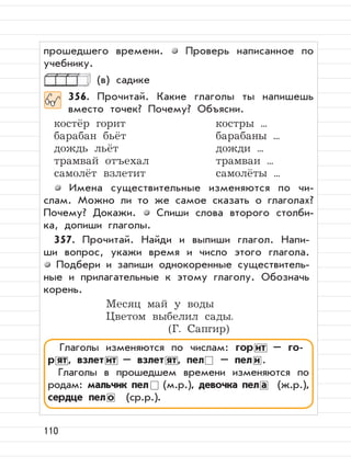 110
прошедшего времени. Проверь написанное по
учебнику.
(в) садике
356. Прочитай. Какие глаголы ты напишешь
вместо точек? Почему? Объясни.
костёр горит костры ...
барабан бьёт барабаны ...
дождь льёт дожди ...
трамвай отъехал трамваи ...
самолёт взлетит самолёты ...
Имена существительные изменяются по чи-
слам. Можно ли то же самое сказать о глаголах?
Почему? Докажи. Спиши слова второго столби-
ка, допиши глаголы.
357. Прочитай. Найди и выпиши глагол. Напи-
ши вопрос, укажи время и число этого глагола.
Подбери и запиши однокоренные существитель-
ные и прилагательные к этому глаголу. Обозначь
корень.
Месяц май у воды
Цветом выбелил сады.
(Г. Сапгир)
Глаголы изменяются по числам: гор ит – го-
р ят, взлет ит – взлет ят, пел – пел и .
Глаголы в прошедшем времени изменяются по
родам: мальчик пел (м.р.), девочка пел а (ж.р.),
сердце пел о (ср.р.).
 