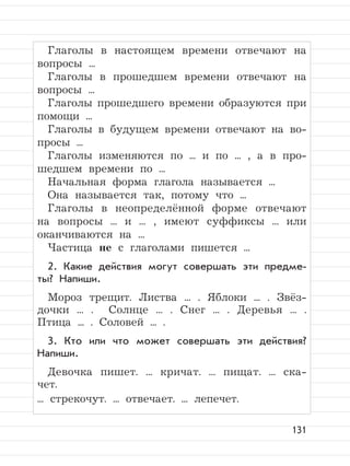 131
Глаголы в настоящем времени отвечают на
вопросы ...
Глаголы в прошедшем времени отвечают на
вопросы ...
Глаголы прошедшего времени образуются при
помощи ...
Глаголы в будущем времени отвечают на во-
просы ...
Глаголы изменяются по ... и по ... , а в про-
шедшем времени по ...
Начальная форма глагола называется ...
Она называется так, потому что ...
Глаголы в неопределённой форме отвечают
на вопросы ... и ... , имеют суффиксы ... или
оканчиваются на ...
Частица не с глаголами пишется ...
2. Какие действия могут совершать эти предме-
ты? Напиши.
Мороз трещит. Листва ... . Яблоки ... . Звёз-
дочки ... . Солнце ... . Снег ... . Деревья ... .
Птица ... . Соловей ... .
3. Кто или что может совершать эти действия?
Напиши.
Девочка пишет. ... кричат. ... пищат. ... ска-
чет.
... стрекочут. ... отвечает. ... лепечет.
 