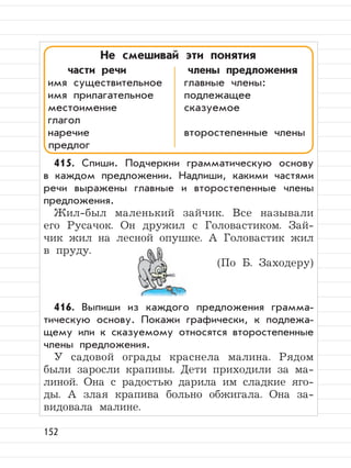 152
415. Спиши. Подчеркни грамматическую основу
в каждом предложении. Надпиши, какими частями
речи выражены главные и второстепенные члены
предложения.
Жил-был маленький зайчик. Все называли
его Русачок. Он дружил с Головастиком. Зай-
чик жил на лесной опушке. А Головастик жил
в пруду.
(По Б. Заходеру)
416. Выпиши из каждого предложения грамма-
тическую основу. Покажи графически, к подлежа-
щему или к сказуемому относятся второстепенные
члены предложения.
У садовой ограды краснела малина. Рядом
были заросли крапивы. Дети приходили за ма-
линой. Она с радостью дарила им сладкие яго-
ды. А злая крапива больно обжигала. Она за-
видовала малине.
Не смешивай эти понятия
части речи члены предложения
имя существительное главные члены:
имя прилагательное подлежащее
местоимение сказуемое
глагол
наречие второстепенные члены
предлог
 