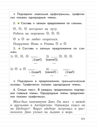 171
Подчеркни знакомые орфограммы, графиче-
ски покажи однородные члены.
2. Составь и запиши предложения по схемам.
– , – , – пестреют на лугу.
Ребята на перемене = , = , = .
– и – не любят ссориться.
Подружки Инна и Римма = и = .
3. Составь и запиши предложения по схе-
мам.
1) – , – , – . 2) = , = , = .
3) – и – . 4) .
Подчеркни в предложениях грамматические
основы. Графически покажи однородные члены.
4. Спиши текст. В каждом предложении подчер-
кни главные члены. Однородные члены предложе-
ния покажи графически.
Жил-был пингвинчик Джо. Он жил с мамой
и друзьями в Анта
,
рктике. Однажды сидел он
на а
,
йсберге*. Вдруг айсберг затрещал и рас-
кололся. Джо уплыл на льдине в море.
(где?) (какие?)
... ...
(куда?) (какая?) (где?)
... ... ...
 