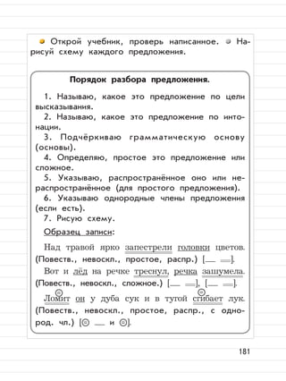 181
Открой учебник, проверь написанное. На-
рисуй схему каждого предложения.
Порядок разбора предложения.
1. Называю, какое это предложение по цели
высказывания.
2. Называю, какое это предложение по инто-
нации.
3. Подчёркиваю грамматическую основу
(основы).
4. Определяю, простое это предложение или
сложное.
5. Указываю, распространённое оно или не-
распространённое (для простого предложения).
6. Указываю однородные члены предложения
(если есть).
7. Рисую схему.
Образец записи:
Над травой ярко запестрели головки цветов.
(Повеств., невоскл., простое, распр.) [ ].
Вот и лёд на речке треснул, речка зашумела.
(Повеств., невоскл., сложное.) [ ], [ ].
Ломит он у дуба сук и в тугой сгибает лук.
(Повеств., невоскл., простое, распр., с одно-
род. чл.) [= и = ].
= =
 