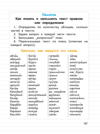 197
Памятка
Как понять и запомнить текст правила
или определения
1. Определяю по количеству абзацев, сколько
частей в тексте.
2. Задаю вопрос к каждой части текста.
3. Записываю
”
вопросный“ план.
4. Пересказываю текст по плану (отвечаю на
каждый вопрос).
Запомни, как пишутся эти слова.
абза
,
ц
абрико
,
с
акко
,
рд
аккура
,
тный
алле
,
я
алма
,
з
апельси
,
н
аппара
,
т
аппети
,
т
арома
,
т
бага
,
ж
багро
,
вый
багря
,
ный
база
,
р
балко
,
н
бараба
,
н
бара
,
н
бара
,
нка
бассе
,
йн
бато
,
н
боло
,
то
бу
,
дто
ваго
,
н
ва
,
нна
ва
,
нная
вверх
ве
,
тер
ве
,
ять
винегре
,
т
вдоль
вме
,
сте
внима
,
тельный
вокза
,
л
волше
,
бный
воро
,
та
вперёд
всегда
,
газе
,
та
галере
,
я
га
,
ммы
голубо
,
й
горизо
,
нт
горо
,
х
грамма
,
тика
грамм
грипп
гру
,
ппа
длина
,
доли
,
на
до свида
,
ния
дро
,
жжи
же
,
нщина
жёлтый
жжёт
жужжи
,
т
за
,
втрак
зако
,
н
за
,
пад
за
,
яц
иллюстра
,
ция
и
,
ней
иску
,
сство
как бу
,
дто
кака
,
о
календа
,
рь
кали
,
тка
камы
,
ш
карти
,
на
ка
,
сса
ка
,
яться
килогра
,
мм
класс
коллекти
,
в
колле
,
кция
команди
,
р
ко
,
мната
 