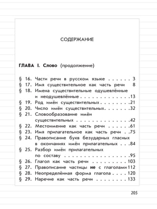 205
СОДЕРЖАНИЕ
ГЛАВА I. Слово (продолжение)
§ 16. Части речи в русском языке . . . . . . 3
§ 17. Имя существительное как часть речи 8
§ 18. Имена существительные одушевлённые
и неодушевлённые . . . . . . . . . . . . .13
§ 19. Род имён существительных . . . . . . . .21
§ 20. Число имён существительных. . . . . . .32
§ 21. Словообразование имён
существительных . . . . . . . . . . . . . .42
§ 22. Местоимение как часть речи . . . . . .61
§ 23. Имя прилагательное как часть речи . .75
§ 24. Правописание букв безударных гласных
в окончаниях имён прилагательных . . .84
§ 25. Разбор имён прилагательных
по составу . . . . . . . . . . . . . . . . .95
§ 26. Глагол как часть речи . . . . . . . . . 103
§ 27. Правописание частицы не с глаголами 112
§ 28. Неопределённая форма глагола . . . . 120
§ 29. Наречие как часть речи . . . . . . . . 133
 