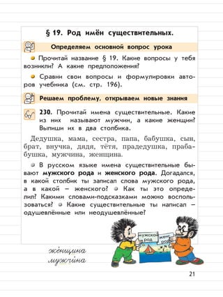 21
§ 19. Род имён существительных.
Прочитай название § 19. Какие вопросы у тебя
возникли? А какие предположения?
Сравни свои вопросы и формулировки авто-
ров учебника (см. стр. 196).
230. Прочитай имена существительные. Какие
из них называют мужчин, а какие женщин?
Выпиши их в два столбика.
Дедушка, мама, сестра, папа, бабушка, сын,
брат, внучка, дядя, тётя, прадедушка, праба-
бушка, мужчина, женщина.
В русском языке имена существительные бы-
вают мужского рода и женского рода. Догадался,
в какой столбик ты записал слова мужского рода,
а в какой – женского? Как ты это опреде-
лил? Какими словами-подсказками можно восполь-
зоваться? Какие существительные ты написал –
одушевлённые или неодушевлённые?
Определяем основной вопрос урока
мужской
род женс
род
же,
нщина
мужчи,
на
Решаем проблему, открываем новые знания
 